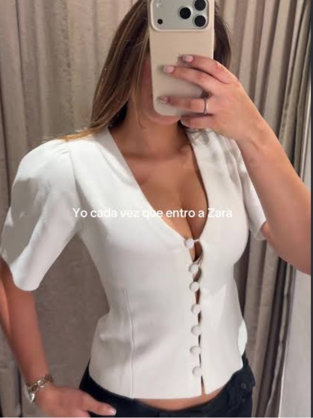 Zara White Short Sleeve Button-Front V-Neck Top
